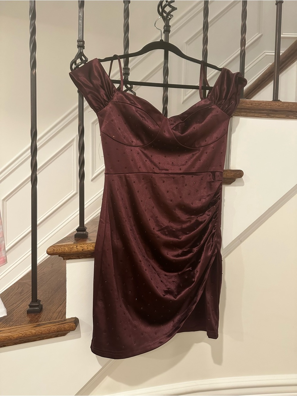 Off-Shoulder Satin Mini Dress in Burgundy